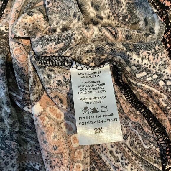 Amana Brown Peach Textured Paisley V Neck Blouse Top 2X - Picture 5 of 6